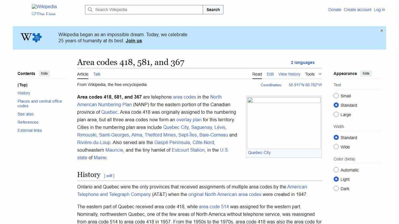 Area codes 418, 581, and 367 - Wikipedia